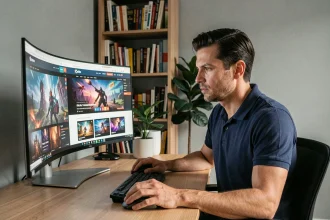 Homme comparant plusieurs sites de jeux en ligne sur un écran d'ordinateur dans un bureau moderne