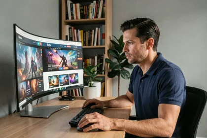 Homme comparant plusieurs sites de jeux en ligne sur un écran d'ordinateur dans un bureau moderne