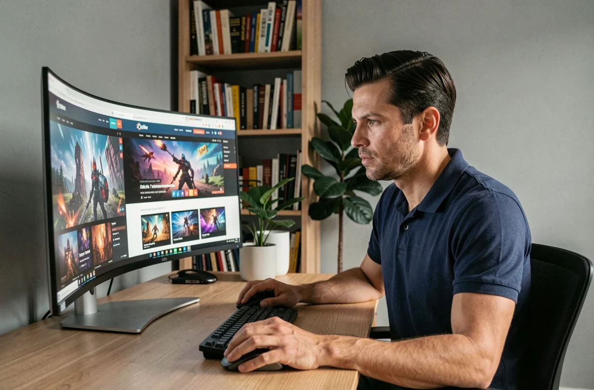 Homme comparant plusieurs sites de jeux en ligne sur un écran d'ordinateur dans un bureau moderne