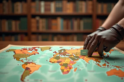 Carte du monde vintage sur une table en bois avec des découpes de pays comparées à la superficie de la France
