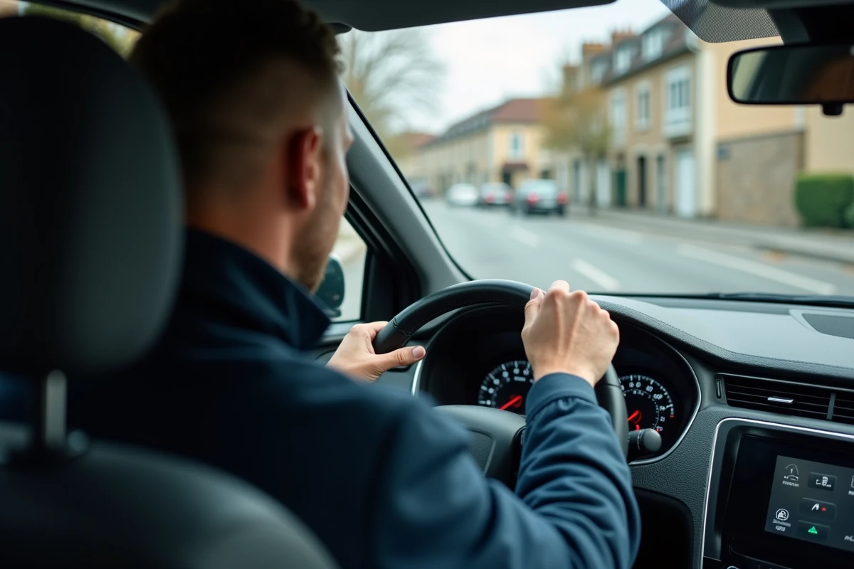 Conducteur regardant le compteur de vitesse à 60 km/h dans une voiture sur route française, équivalent de 37 mph en kilomètres par heure
