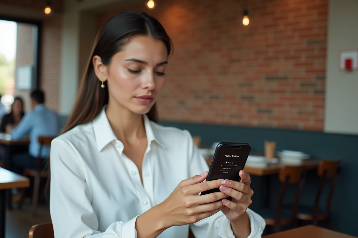 Femme consultant les paramètres de confidentialité sur son smartphone dans un café public pour sécuriser ses données personnelles