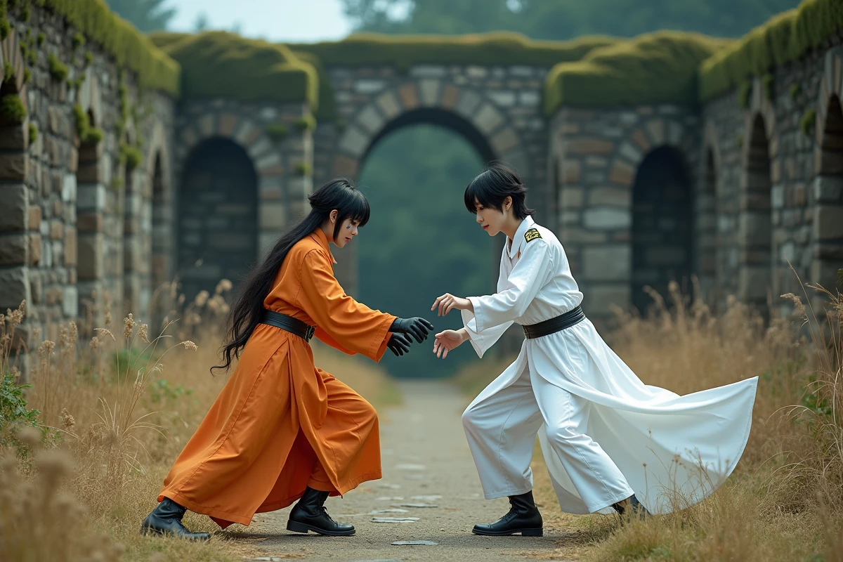 Deux cosplayers Bleach en confrontation dans des ruines, représentant Ulquiorra Schiffer face à Ichigo Kurosaki