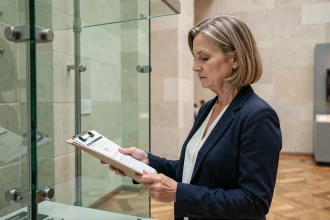 Conservatrice de musée examinant la vitre blindée protégeant la Joconde au Louvre