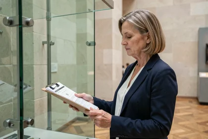 Conservatrice de musée examinant la vitre blindée protégeant la Joconde au Louvre