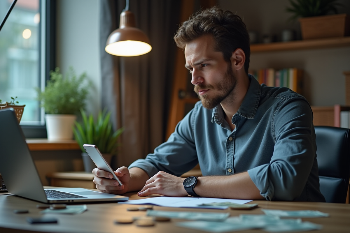 Adulte pensif utilisant smartphone et ordinateur avec papiers