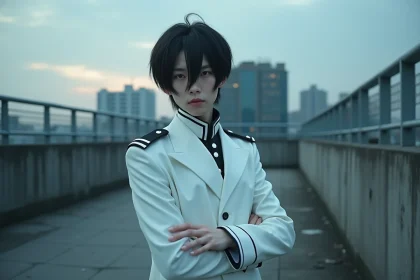 Cosplayer incarnant Ulquiorra Schiffer de Bleach en costume blanc et noir sur un toit industriel