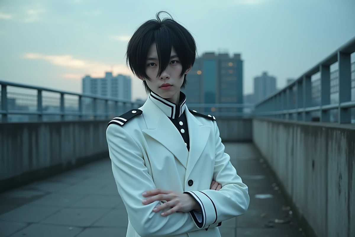 Cosplayer incarnant Ulquiorra Schiffer de Bleach en costume blanc et noir sur un toit industriel