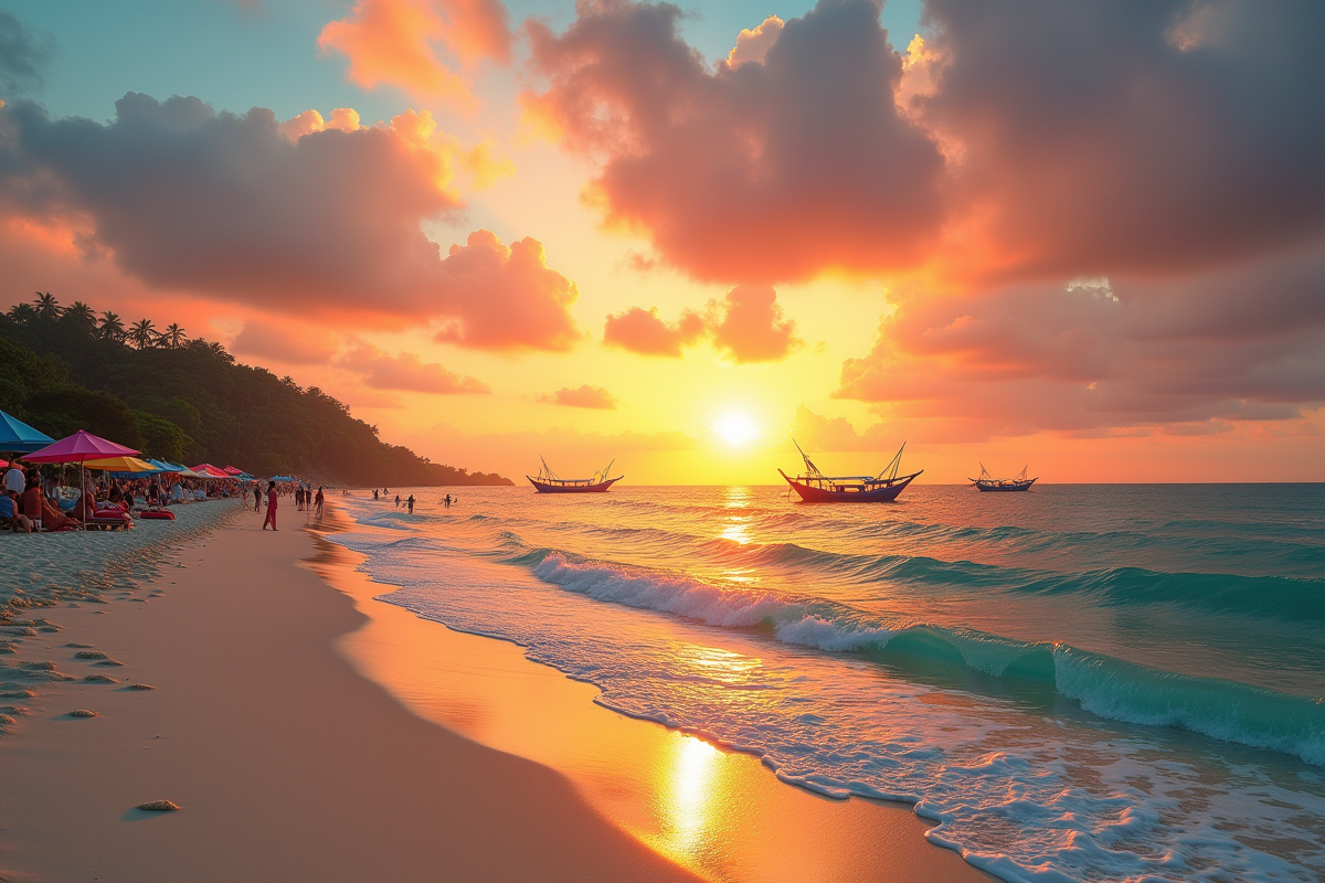 Coucher de soleil vibrant sur une plage de Bali avec touristes