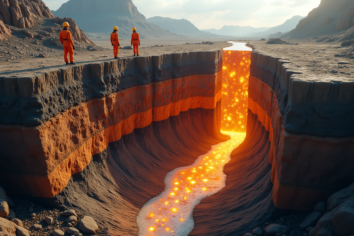 Coupe de roches souterraines avec bulles de gaz et geologues