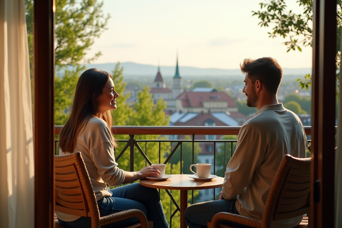 Jeune couple sur un balcon avec vue sur une ville européenne