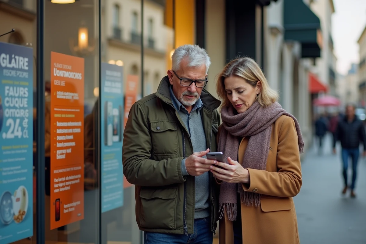 Couple devant une boutique de téléphonie mobile consultant leur smartphone pour comprendre les nouvelles règles et frais cachés liés à l'indicatif 34 en 2026