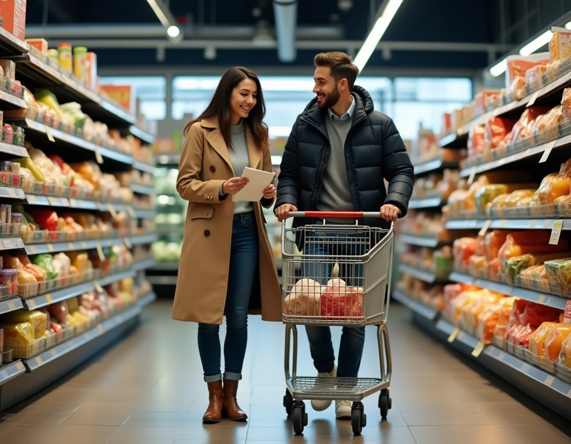 Couple faisant leurs courses dans un supermarché Lidl avec une liste de courses manuscrite