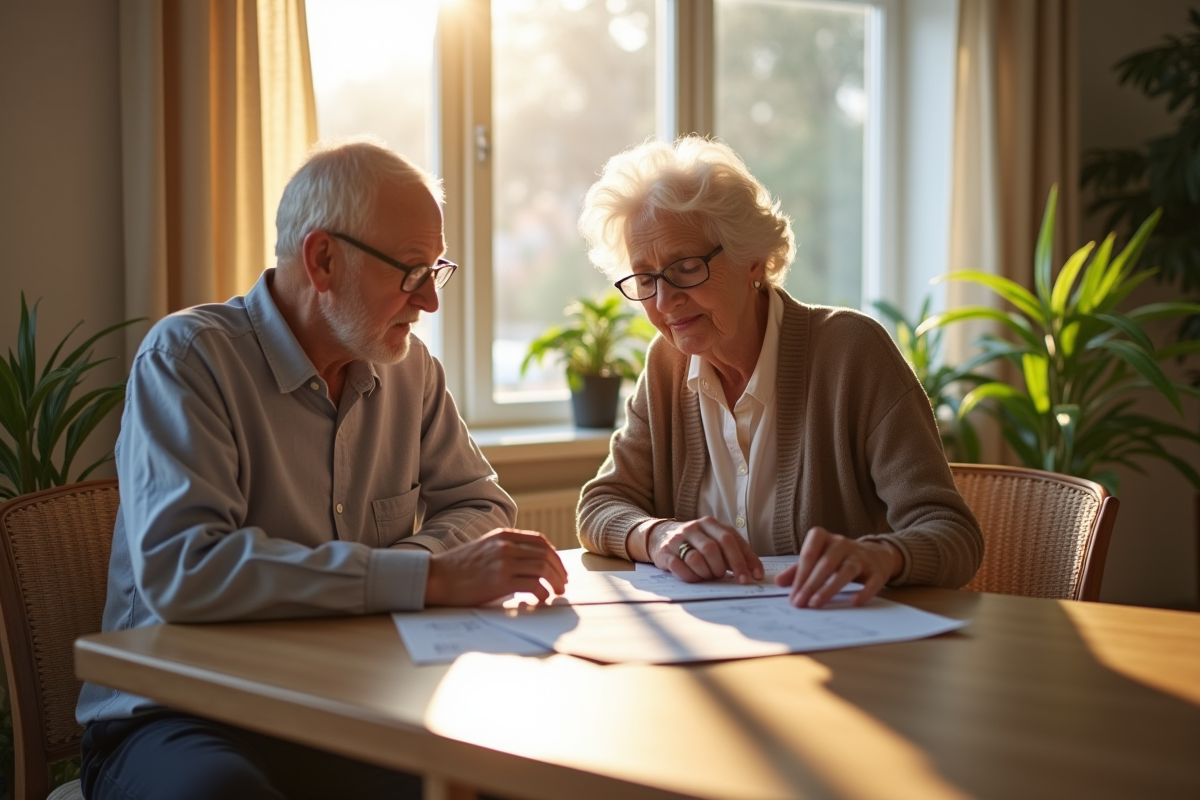 Couple senior discutant finances à la cuisine lumineuse