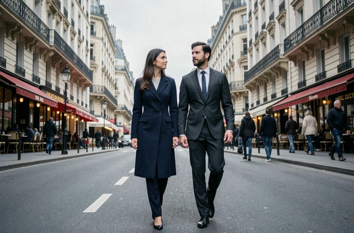 Couple élégant marchant sur un boulevard parisien, style photo éditoriale candide