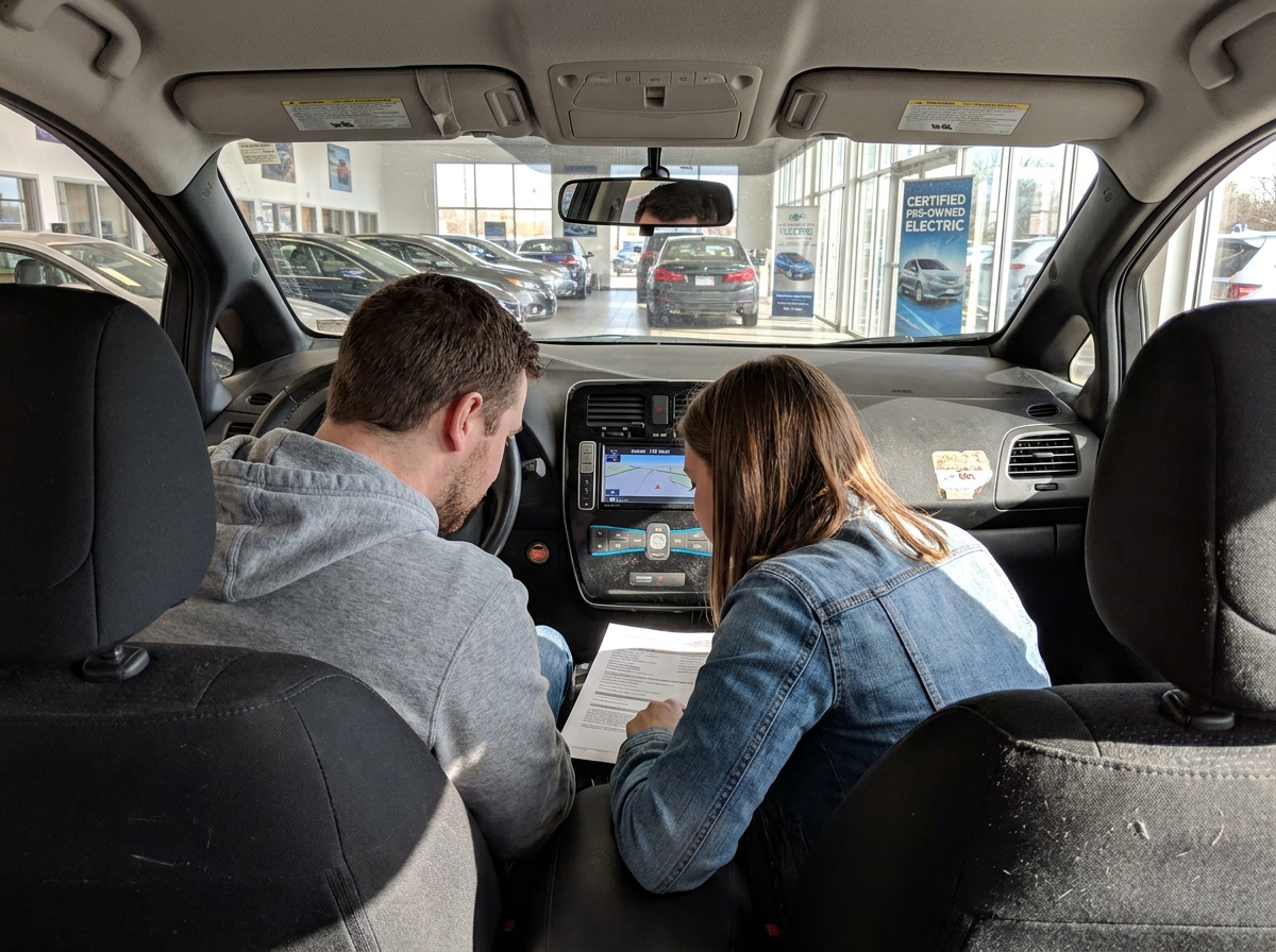 Couple examinant l'autonomie et les informations d'une voiture électrique d'occasion chez un concessionnaire