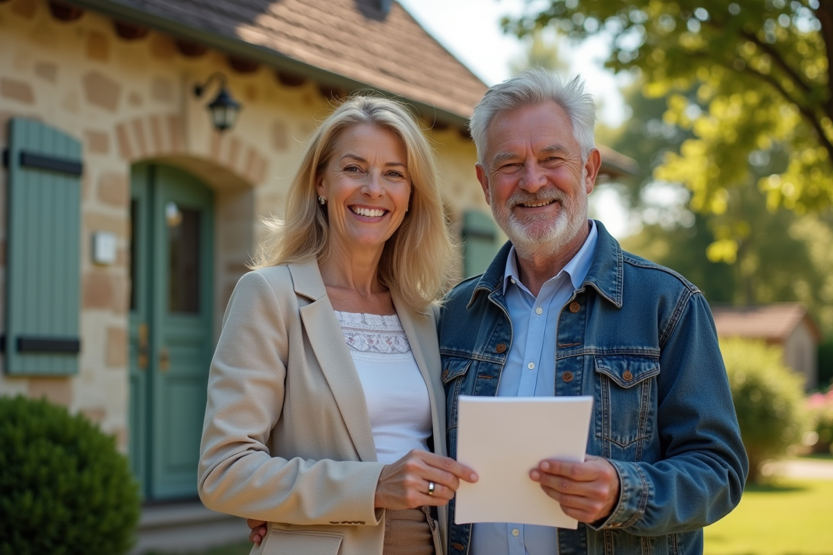 Couple souriant devant une maison de campagne en France avec clés et documents