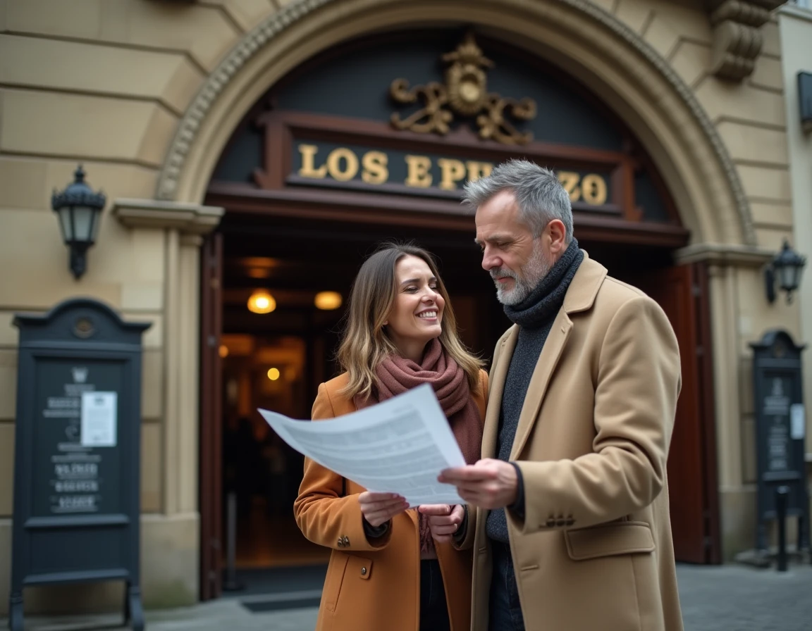 Couple consultant un plan de salle devant la façade du Théâtre Mogador à Paris avec une expression préoccupée