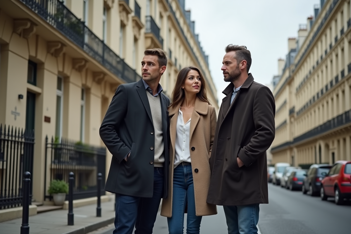 Jeune couple visite une façade immobilière à Paris