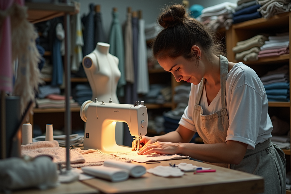 Couturière cousant une robe dans un atelier bien éclairé