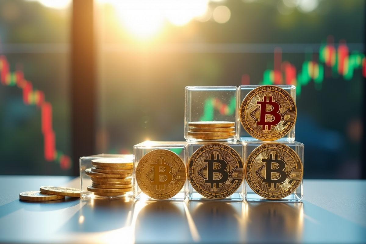Cubes empiles avec cryptomonnaies sur un bureau lumineux avec graphiques