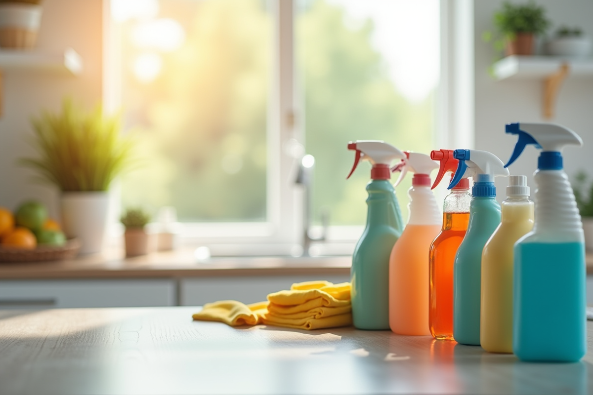Cuisine moderne avec produits de nettoyage bien rangés
