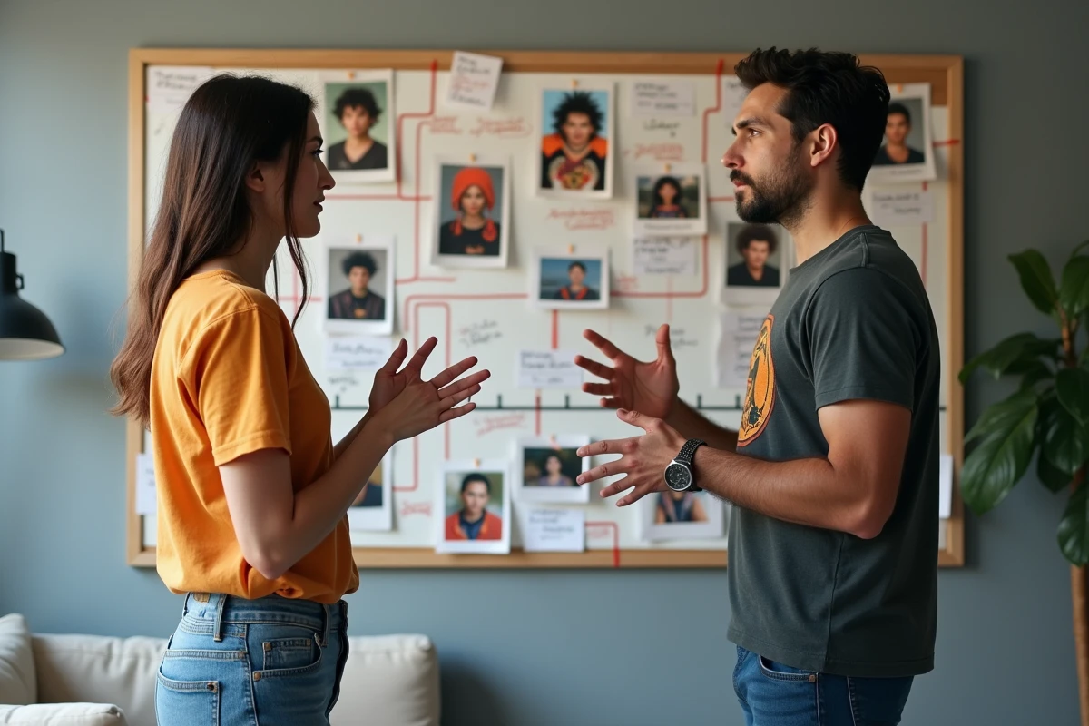 Deux fans de Dragon Ball débattant devant un tableau de timeline avec des notes sur les erreurs d'âges et les retcons de la série