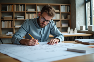 Jeune dessinateur en architecture esquissant un plan détaillé