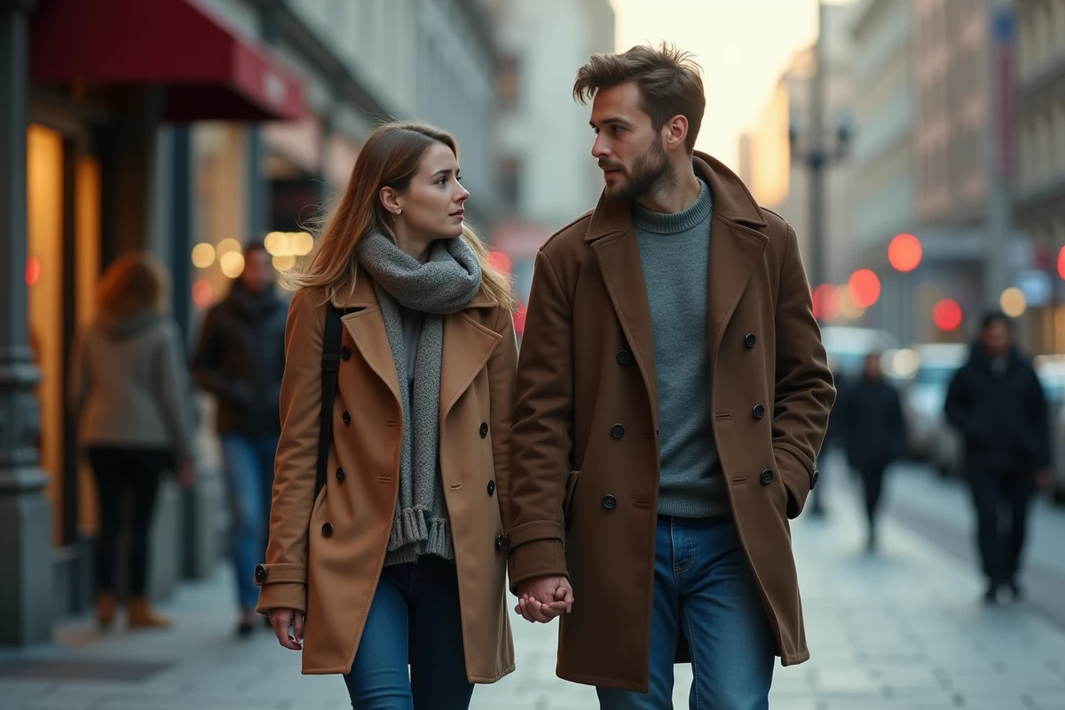 Deux amis marchant côte à côte dans la rue avec une distance émotionnelle palpable, évoquant une amitié après un amour non réciproque
