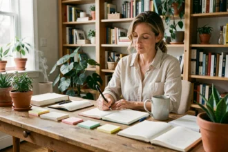 Femme écrivant ses pensées dans un journal dans un bureau à domicile lumineux, symbolisant la création d'un dicton personnel de confiance en soi