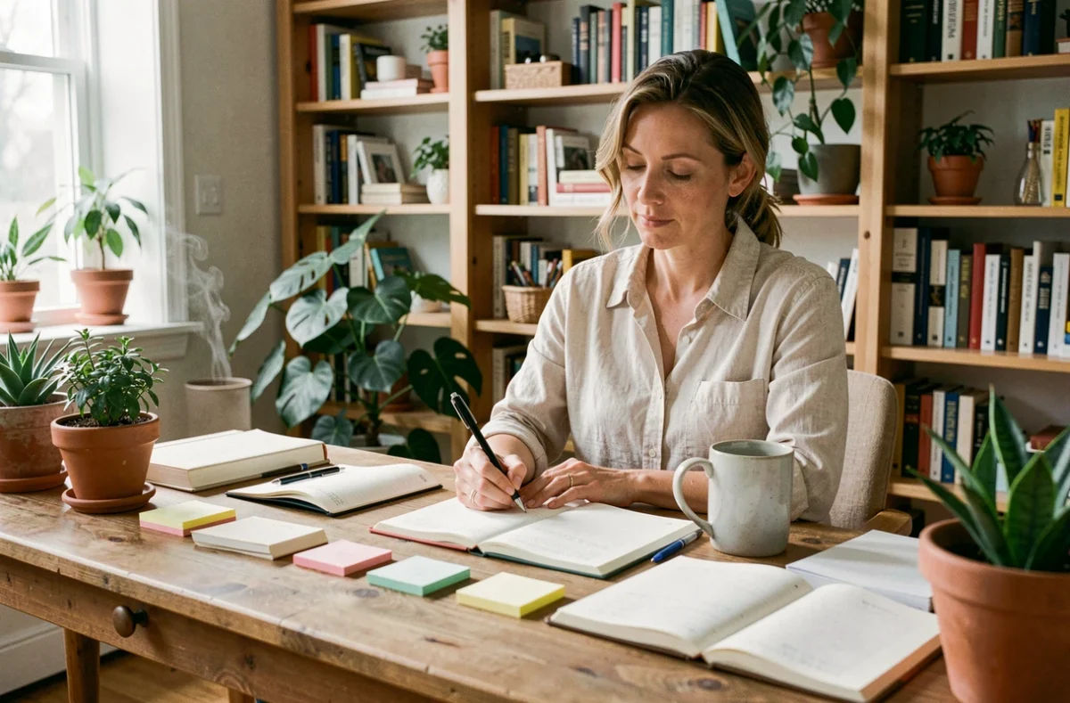Femme écrivant ses pensées dans un journal dans un bureau à domicile lumineux, symbolisant la création d'un dicton personnel de confiance en soi