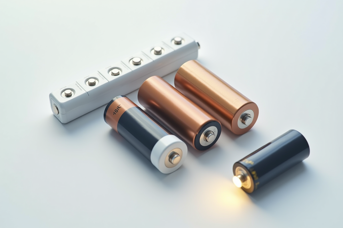 Plusieurs types de batteries alignées sur fond blanc lumineux