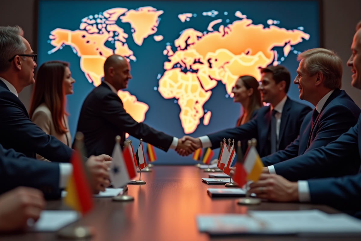 Dirigeants mondiaux serrant la main avec drapeaux BRICS