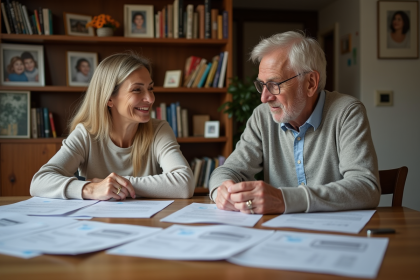 Femme et homme âgés discutant autour de documents immobiliers