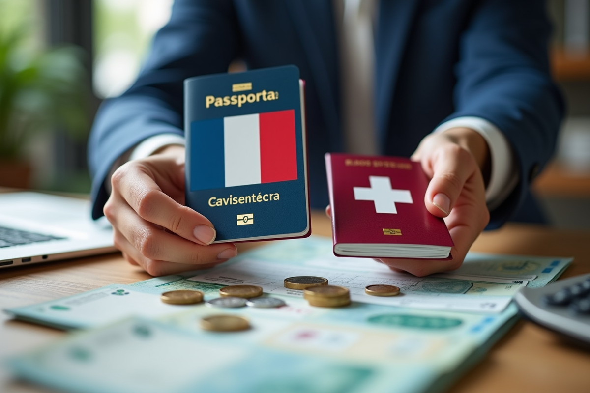 Deux mains tenant passeports et formulaires fiscaux avec monnaies