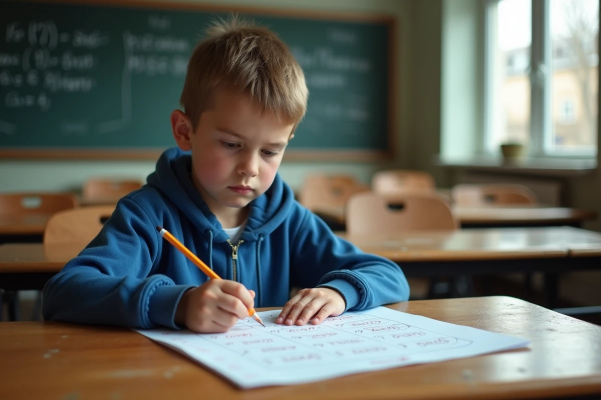 Élève concentré résolvant des exercices de conversion litres en centilitres sur une feuille de maths à son bureau scolaire