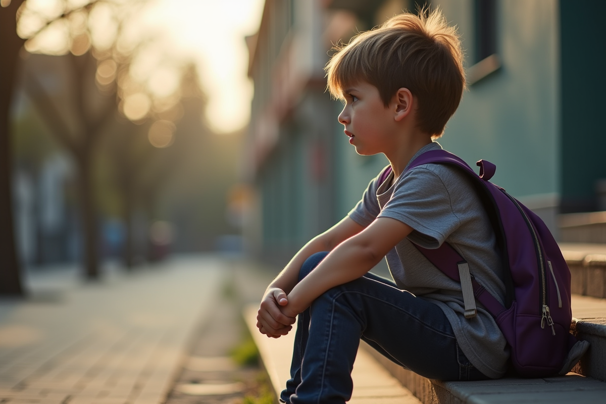 Enfant seul sur les marches d école avec sac à dos