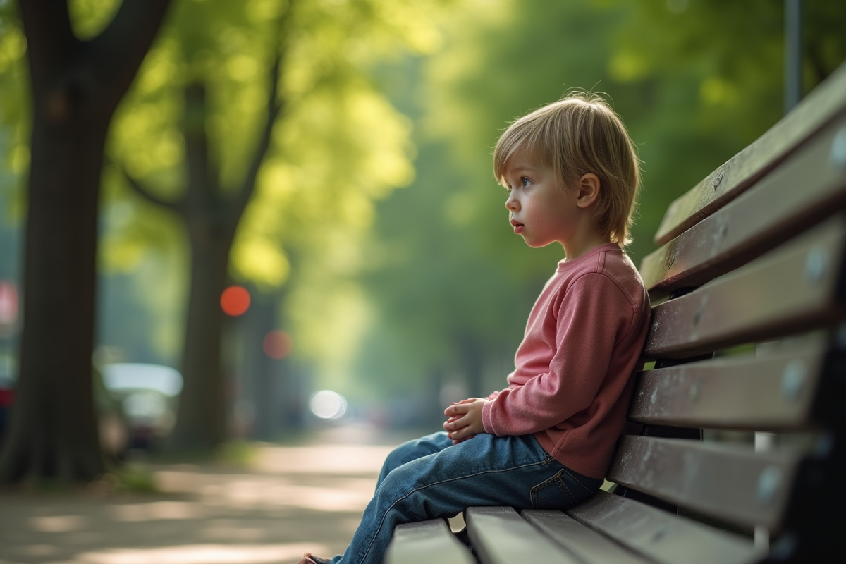 Jeune enfant seul sur un banc dans un parc en journée