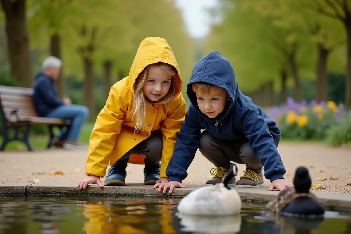 Enfants observant des canards dans le Jardin des Plantes de Toulouse lors d'une sortie en famille