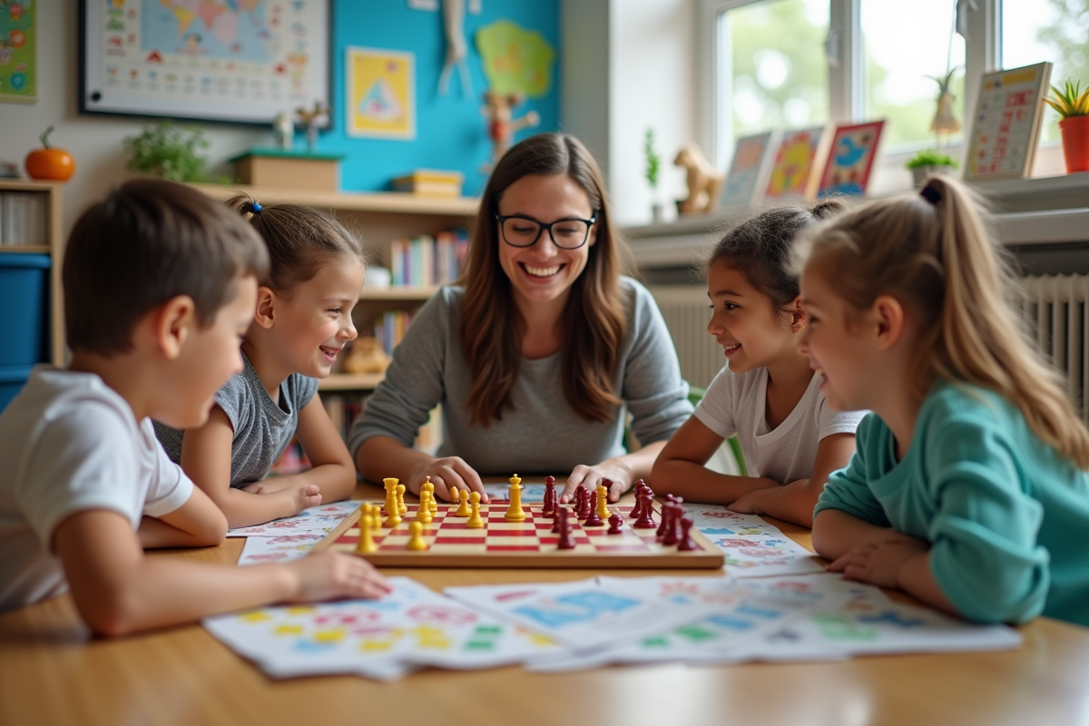 Groupe d enfants jouant à un jeu de société dans une classe lumineuse