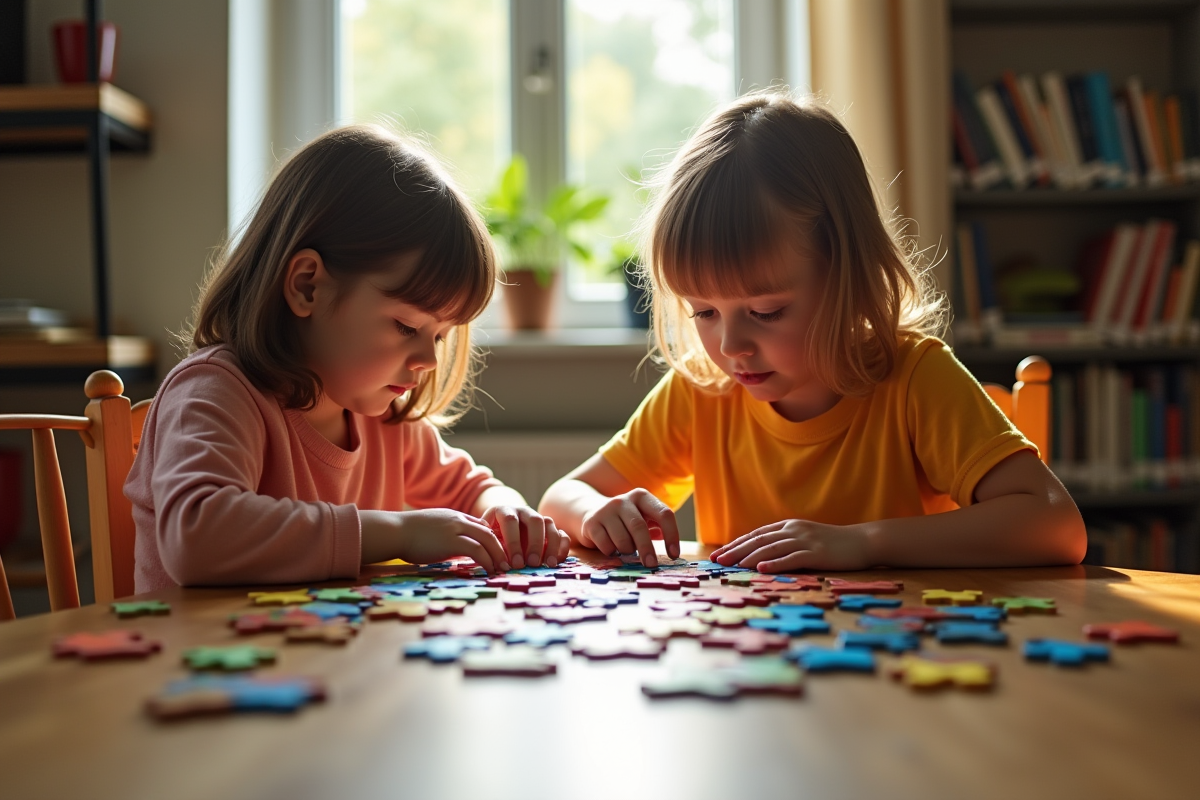 Deux jeunes enfants résolvent un puzzle coloré ensemble
