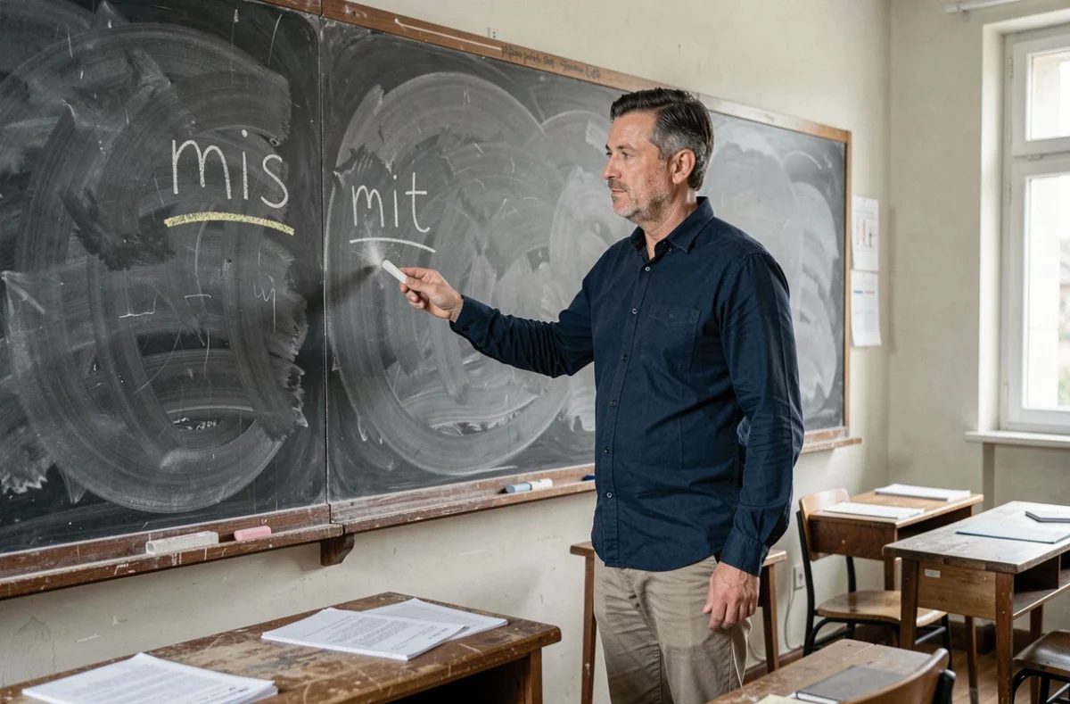Enseignant pointant les mots 'mis' et 'mit' écrits à la craie sur un tableau noir dans une salle de classe