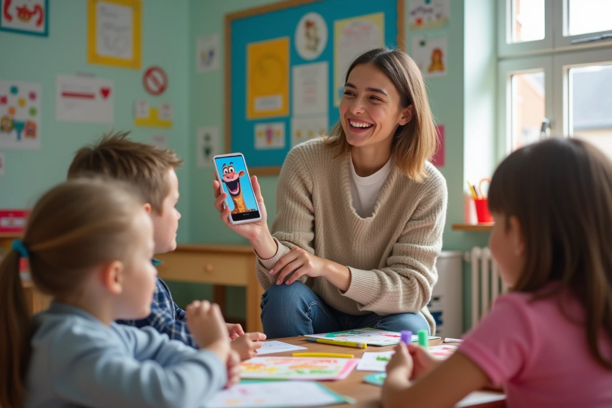 Jeune femme en classe maternelle mimant un personnage