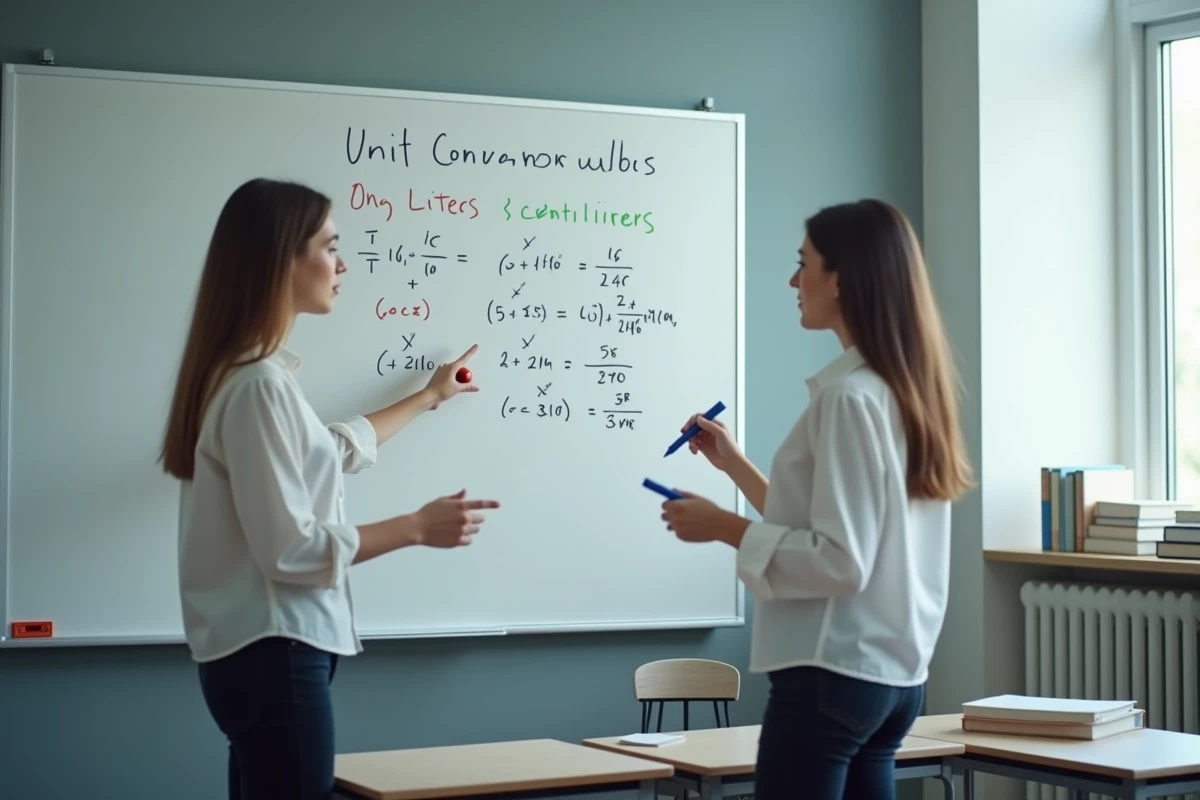 Enseignante expliquant la conversion de litres en centilitres sur un tableau blanc dans une salle de classe de mathématiques