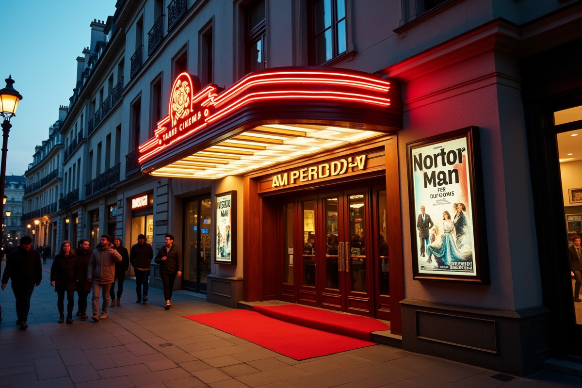 Entrée de cinéma français classique au crépuscule avec affiches vintage