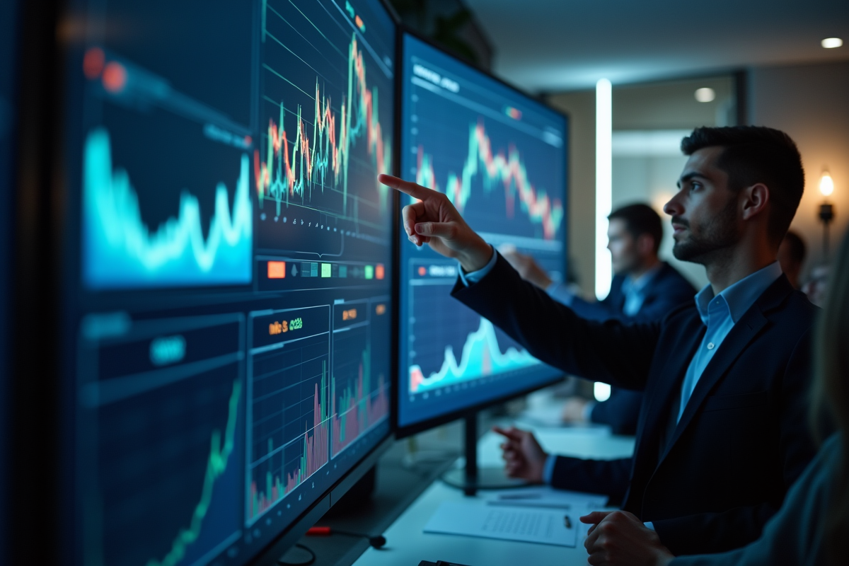 Professionnels analysant des graphiques financiers en réunion