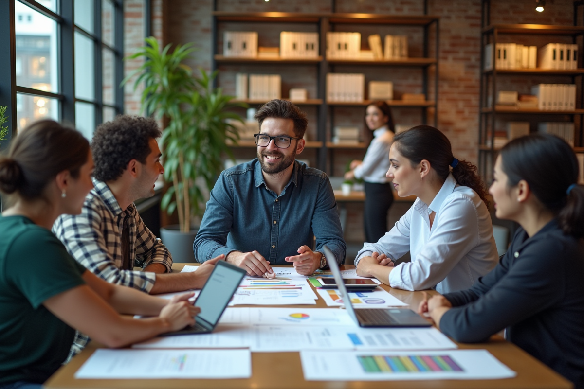 Groupe diversifié en discussion dans un espace de coworking