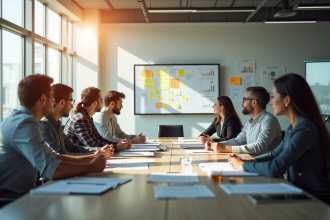Groupe de professionnels en réunion autour d'une table moderne