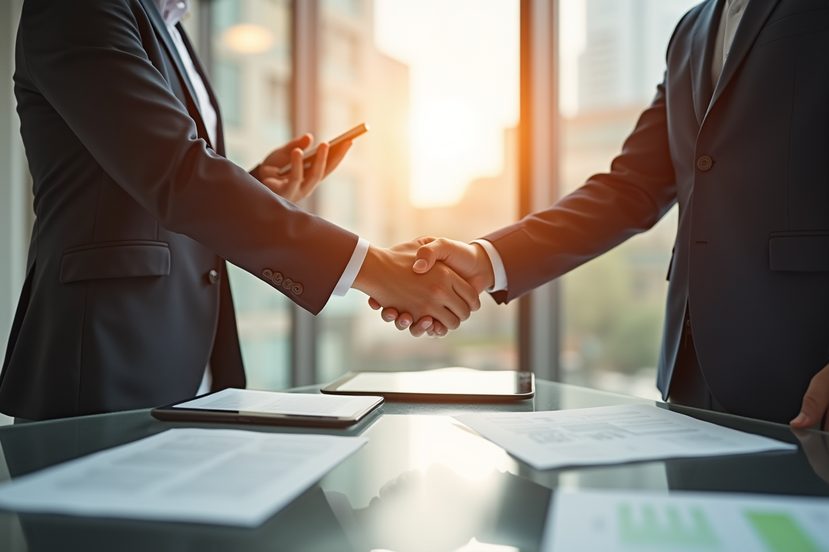 Deux professionnels serrent la main dans un bureau lumineux