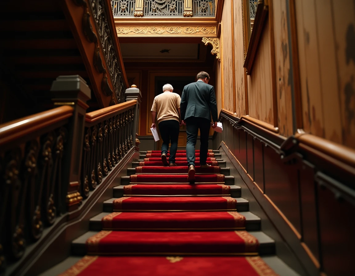 Escalier étroit et pentu menant aux balcons supérieurs du Théâtre Mogador avec des visiteurs en difficulté
